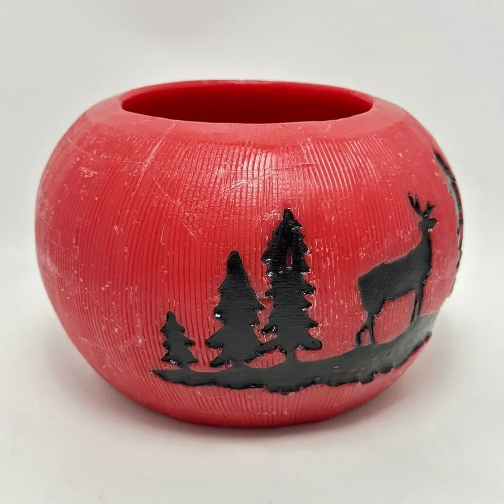 Carved Red Wax Lantern Luminary Bowl Rustic Winter Forest Stag Candle Holder